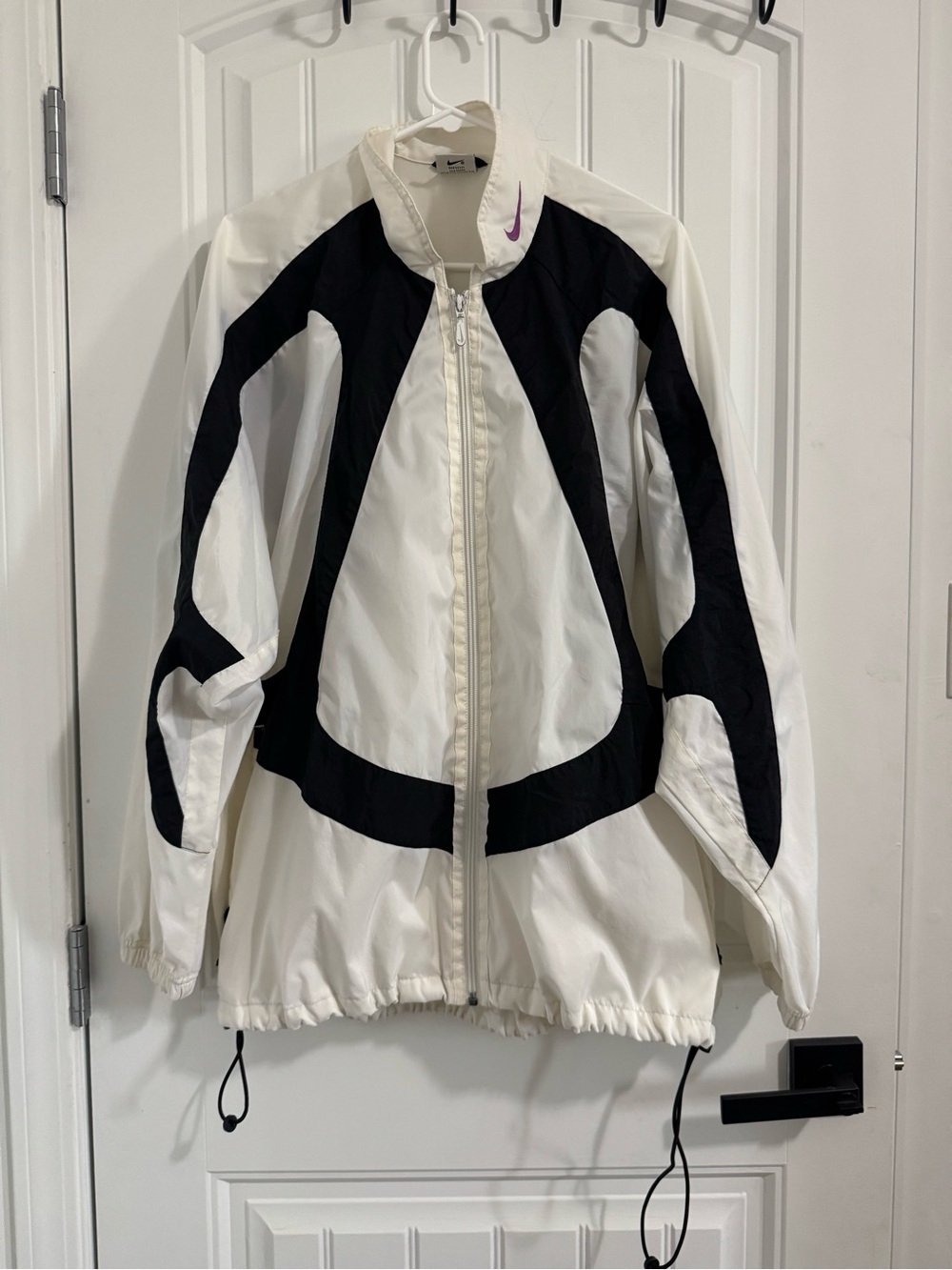 Nike White and Black Bomber Wind Jacket with Purple Swoosh